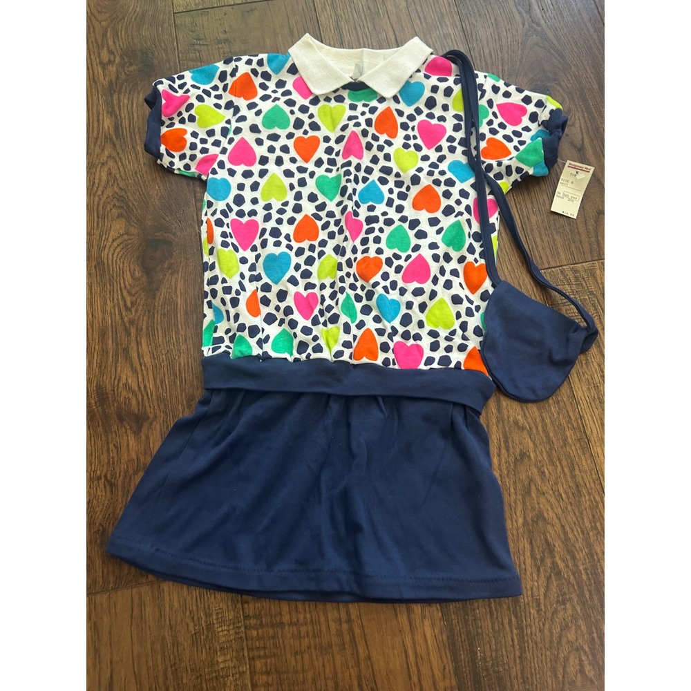 Vintage Traci Lynn Girls Neon Heart Leopard Print Drop Waist Dress Navy Size 8